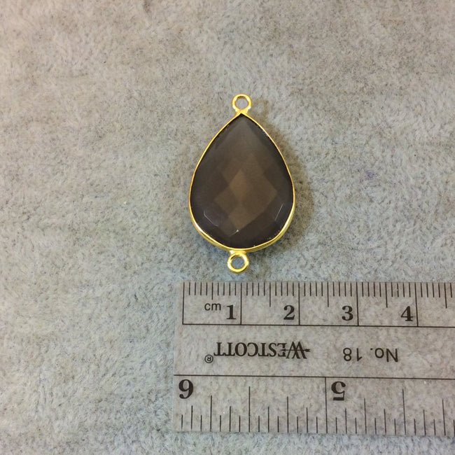 Gold Plated Faceted Natural Semi-Opaque Gray Chalcedony Pear/Teardrop Shaped Bezel Connector - Measuring 18mm x 25mm - Sold Individually