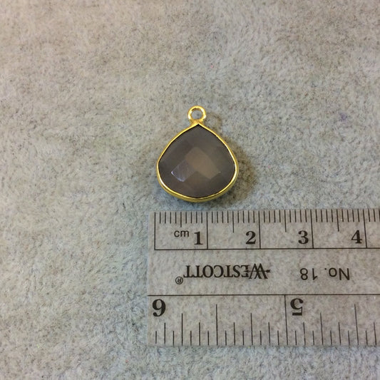 Gold Plated Faceted Natural Semi-Opaque Gray Chalcedony Heart/Teardrop Shaped Bezel Pendant - Measuring 15mm x 15mm - Sold Individually