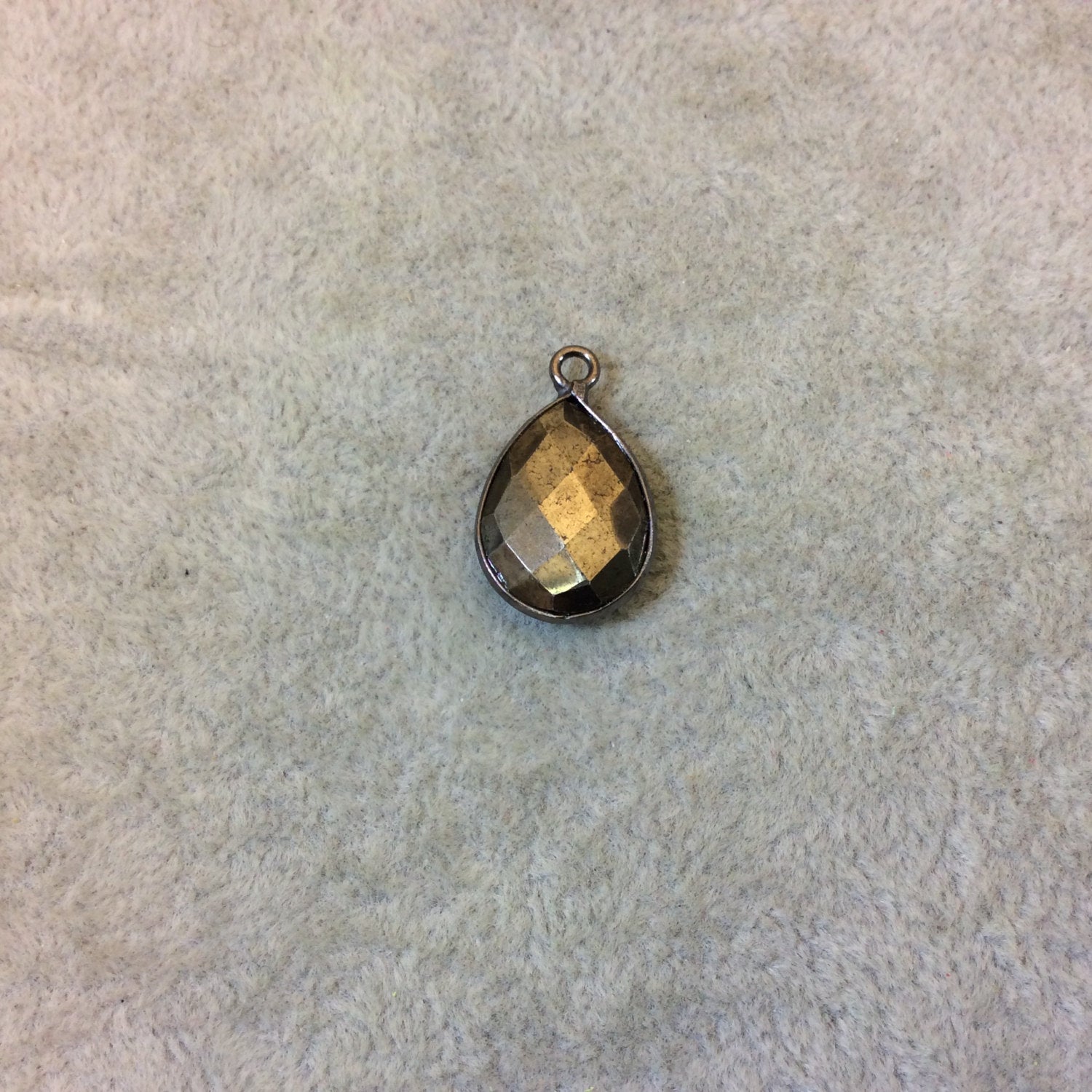Gunmetal Plated Faceted Natural Metallic Pyrite (Fool's Gold) Pear/Teardrop Shaped Bezel Pendant Component - Measuring 12mm x 16mm