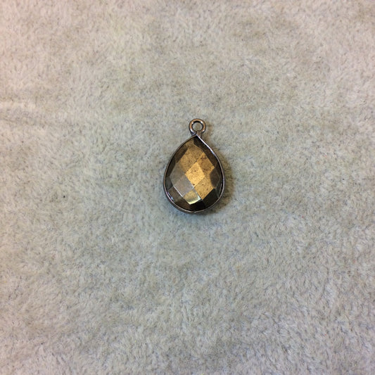 Gunmetal Plated Faceted Natural Metallic Pyrite (Fool's Gold) Pear/Teardrop Shaped Bezel Pendant Component - Measuring 12mm x 16mm