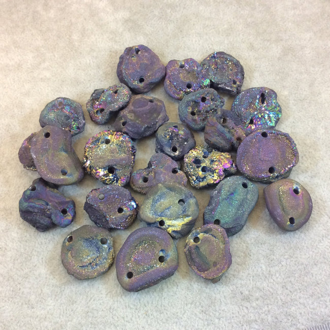 Metallic Rainbow Freeform Round/Oval Chalcedony Galaxy Druzy Drilled Connector Bead - Measuring 20-30mm Long, Approx. - Sold Randomly