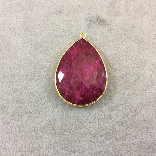 Gold Plated Faceted Synthetic Red/Pink Ruby (Lab Created) Teardrop/Pear Shaped Bezel Pendant - Measuring 28mm x 39mm - Sold Individual