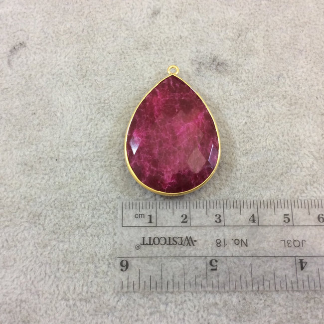 Gold Plated Faceted Synthetic Red/Pink Ruby (Lab Created) Teardrop/Pear Shaped Bezel Pendant - Measuring 28mm x 39mm - Sold Individual