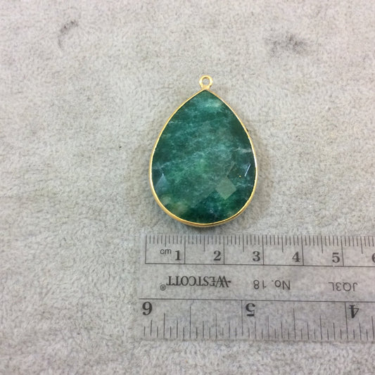 Gold Plated Faceted Synthetic Green Emerald (Lab Created) Teardrop/Pear Shaped Bezel Pendant - Measuring 28mm x 39mm - Sold Individual