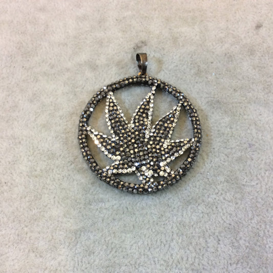 Pave Rhinestone Encrusted Gunmetal Plated Round Cannabis Leaf Shaped Base Metal Focal Pendant - Measuring 42mm x 42mm  - Sold Individually