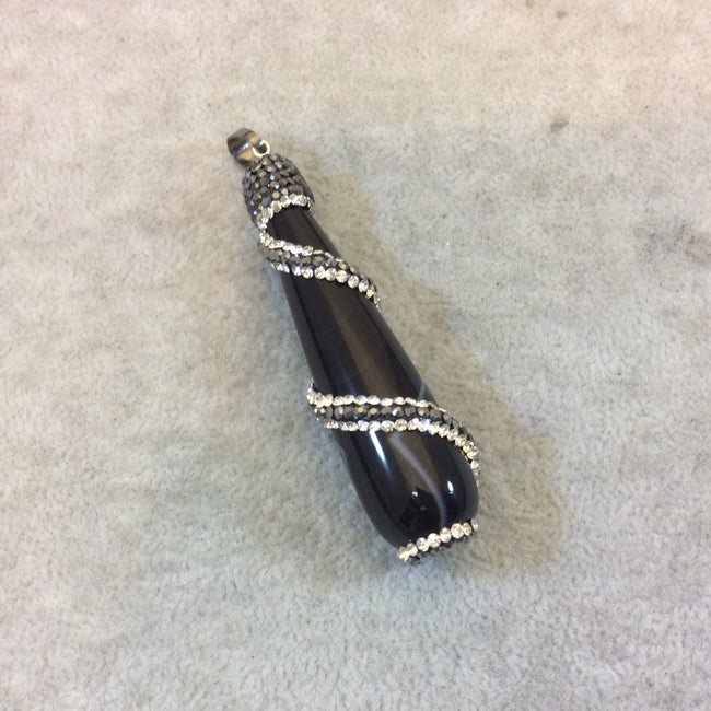 2.5" Pave Rhinestone Encrusted/Wrapped  3D Teardrop Shaped Natural Black Agate Pendant with Attached Bail - Measuring 15mm x 65mm, Approx.