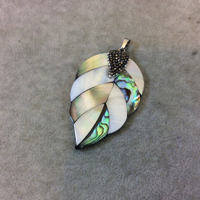 2.25" Pave Rhinestone Encrusted Single Leaf Shaped Abalone Pendant with Dark Gray Rhinestones and Attached Bail - Measuring 35-58mm, Approx.