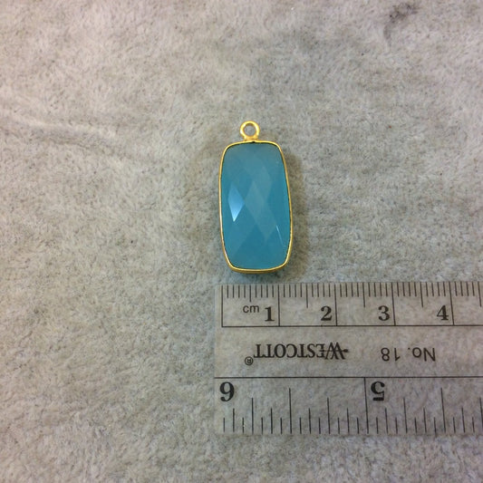 Gold Plated Faceted Aqua Hydro (Lab Created) Chalcedony Rectangle/Bar Shaped Bezel Pendant - Measuring 12mm x 24mm - Sold Individually