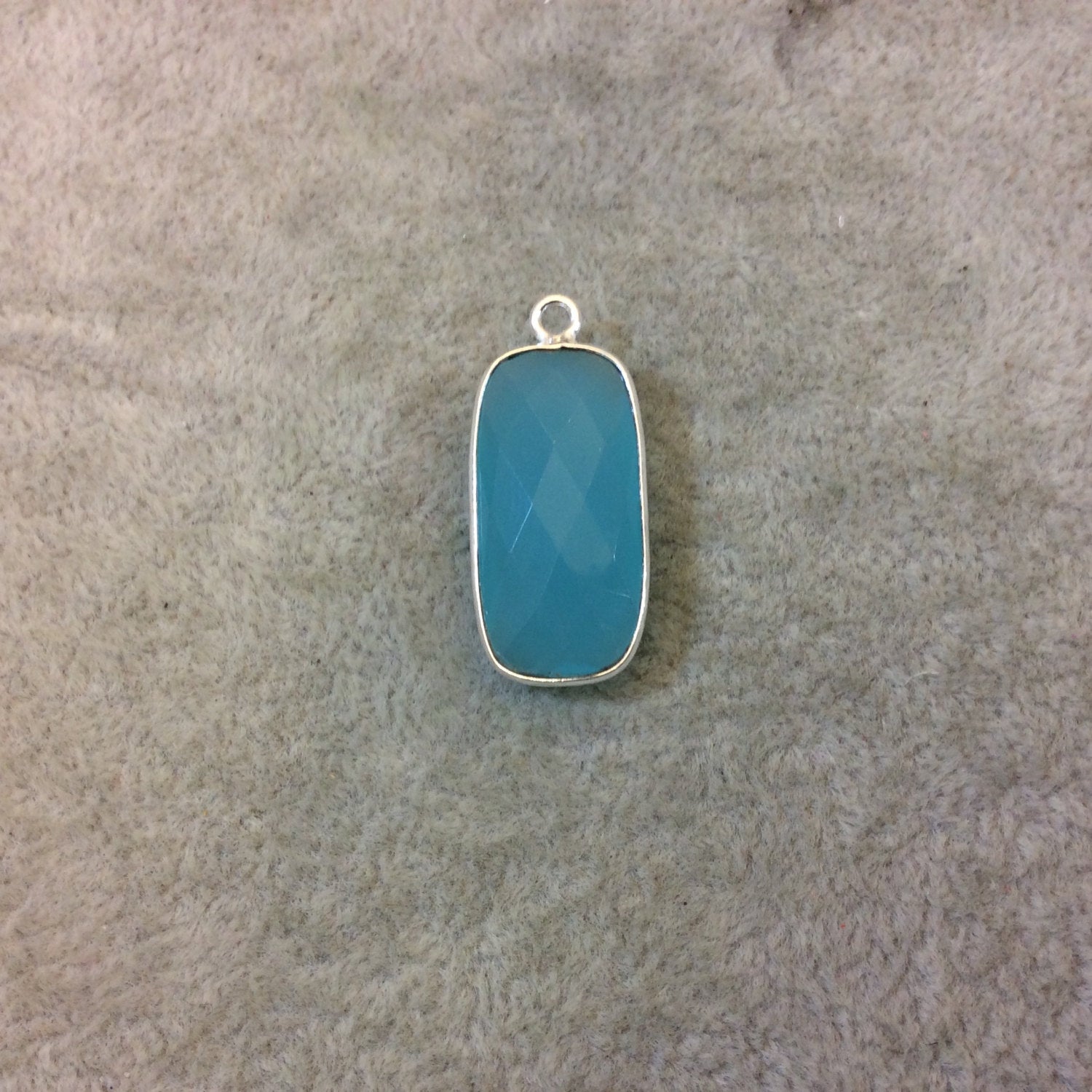 Silver Plated Faceted Aqua Hydro (Lab Created) Chalcedony Rectangle/Bar Shaped Bezel Pendant - Measuring 12mm x 24mm - Sold Individually