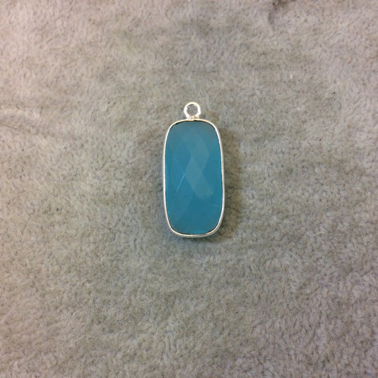 Silver Plated Faceted Aqua Hydro (Lab Created) Chalcedony Rectangle/Bar Shaped Bezel Pendant - Measuring 12mm x 24mm - Sold Individually