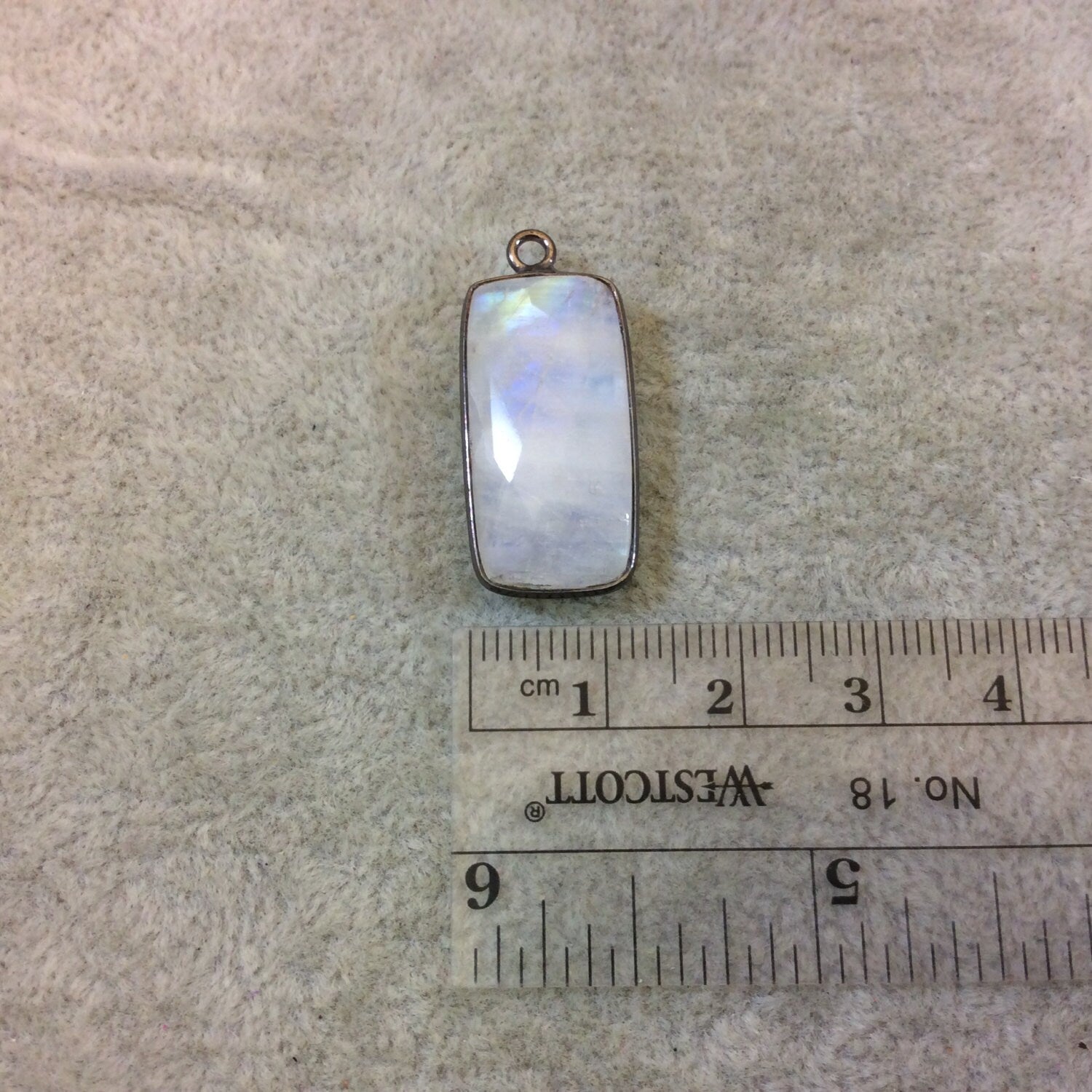 Gunmetal Plated Natural Moonstone Faceted Rectangle/Bar Shaped Copper Bezel Pendant - Measures 12mm x 24mm - Sold Individually, Random