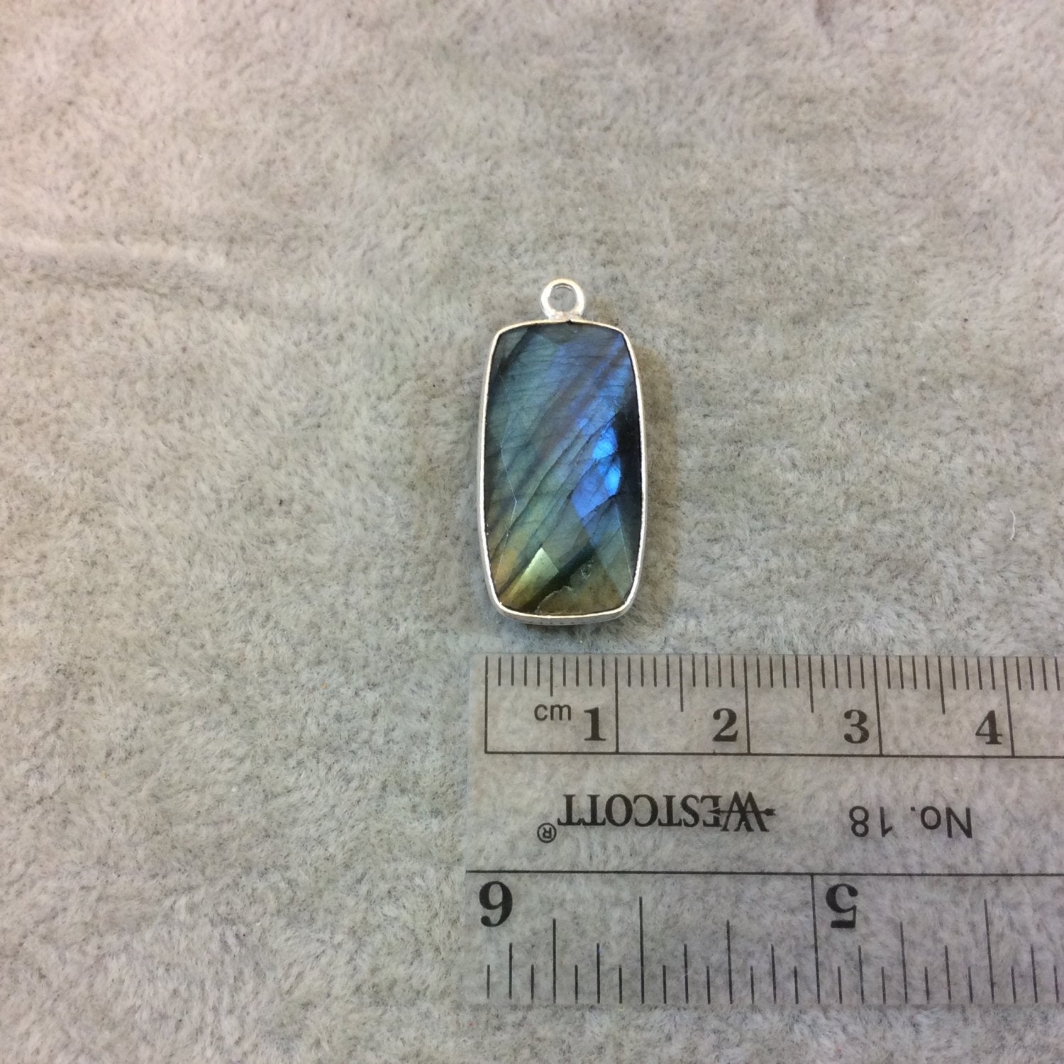 Silver Plated Faceted Natural Labradorite Rectangle/Bar Shaped Bezel Pendant - Measuring 12mm x 24mm - Sold Individually, Chosen Randomly
