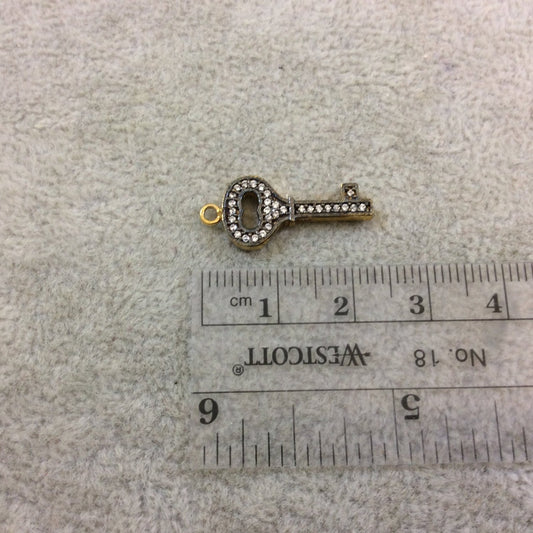Small Oxidized Gold Finish Key Shaped CZ Cubic Zirconia Inlaid Plated Copper Pendant Component - Measuring 10mm x 20mm  - Sold Individually