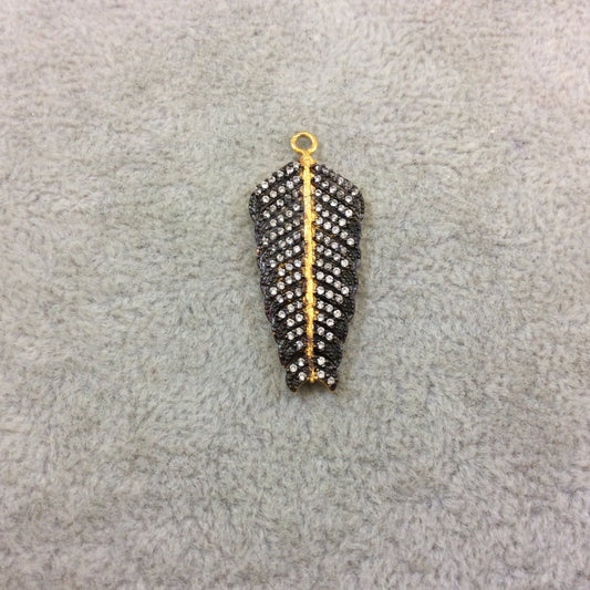Oxidized Gold Finish Palm Frond Shape CZ Cubic Zirconia Inlaid Plated Copper Pendant Component - Measuring 14mm x 30mm  - Sold Individually
