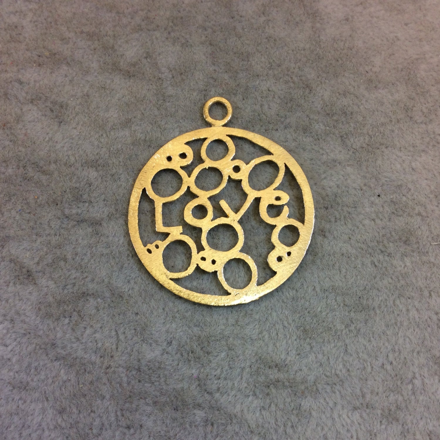 Gold Plated "Love" Worded Bubbles Cutout Circle Shaped Brushed Finish Copper Components - Measures 35mm x 35mm - Sold in Packs of 4 (349-GD)