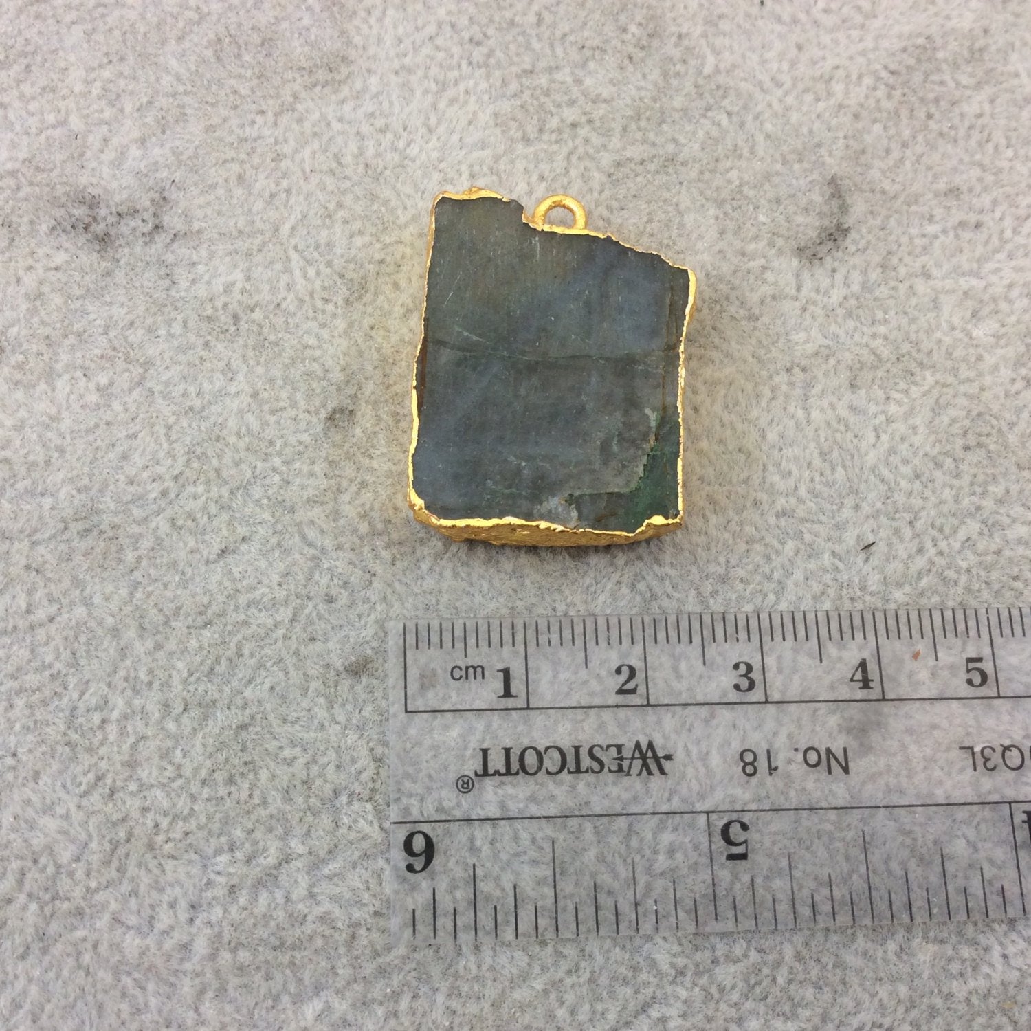 OOAK Gold Electroplated Natural Olive Green Labradorite Freeform Shaped Slab/Slice Focal Pendant - Measuring 24mm x 31mm, Approximately