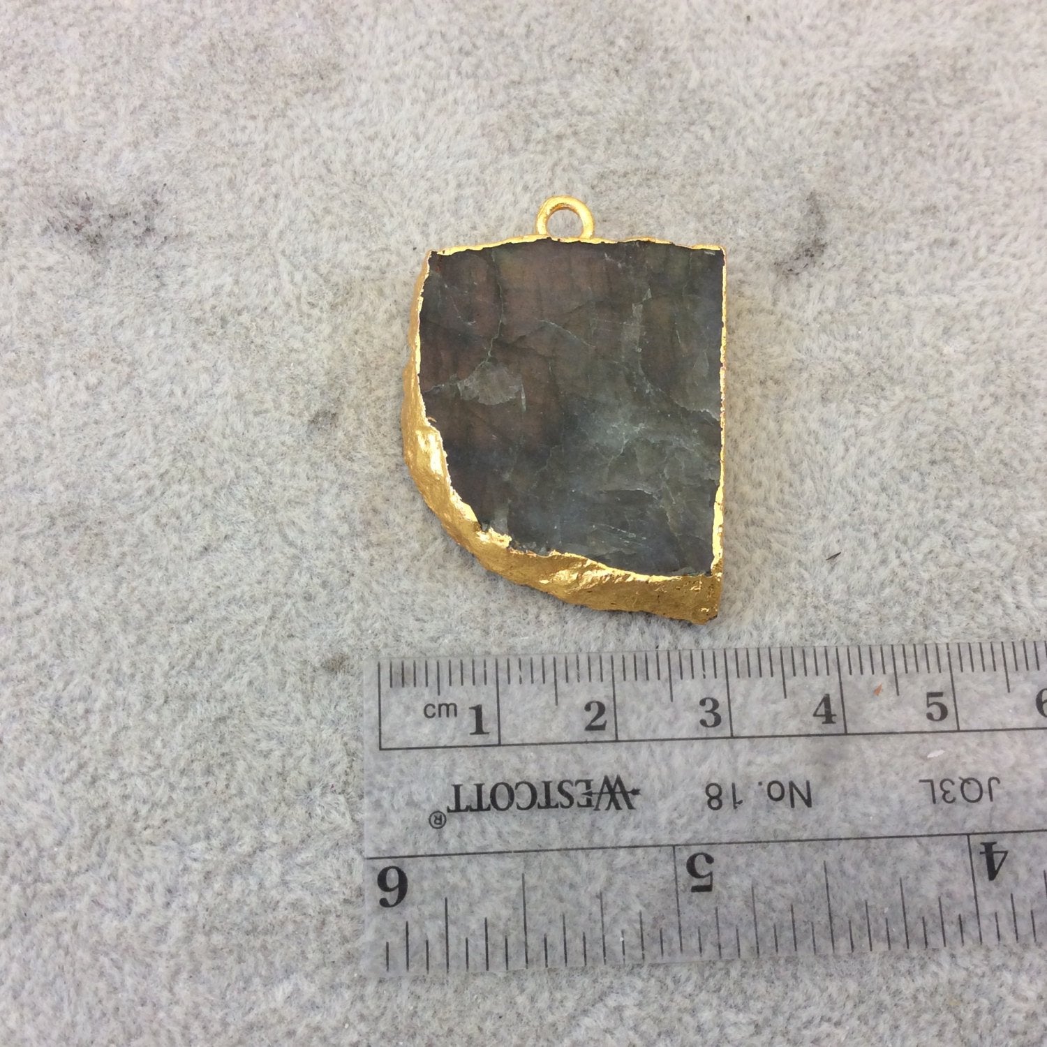OOAK Gold Electroplated Natural Peach/Orange Labradorite Freeform Shaped Slab/Slice Focal Pendant - Measuring 28mm x 35mm, Approximately