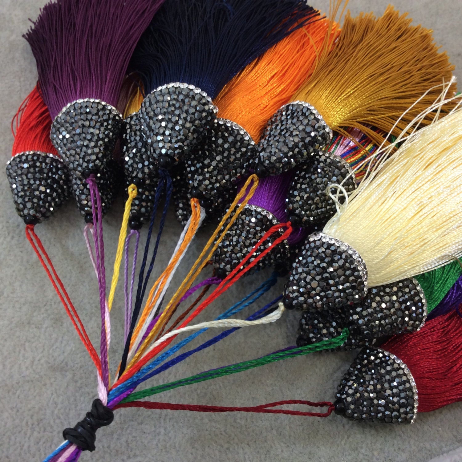 Pave Capped Tassel | 3 Inch Pave Rhinestone Flat Cap Silk Tassel | Green, Blue, Purple, Pink, Orange, Yellow, Red, White, Brown Pendant