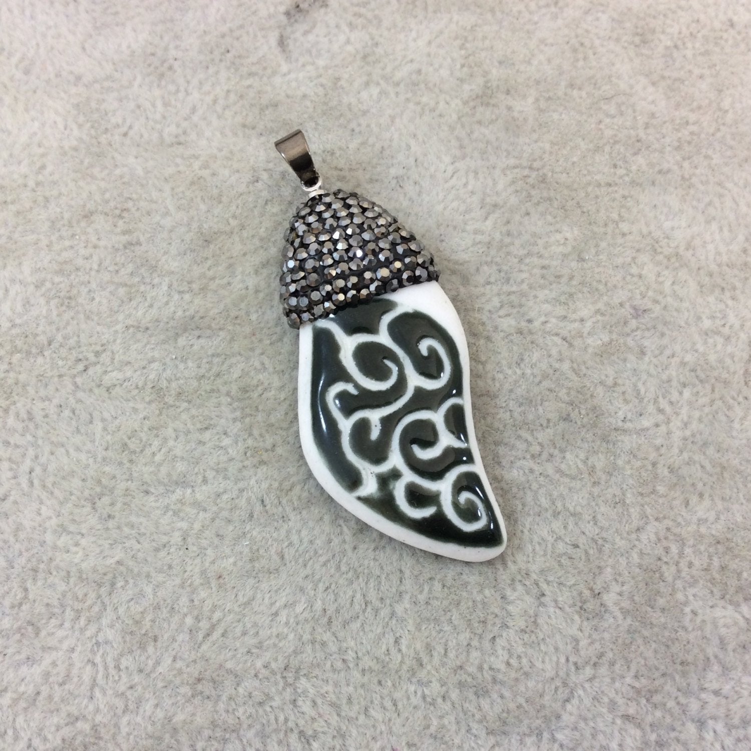 Rhinestone Encrusted Swirly Leaf Shaped Glazed White/Green Ceramic Focal Pendant - Measuring 20mm x 45mm, Approx. - Sold Individually