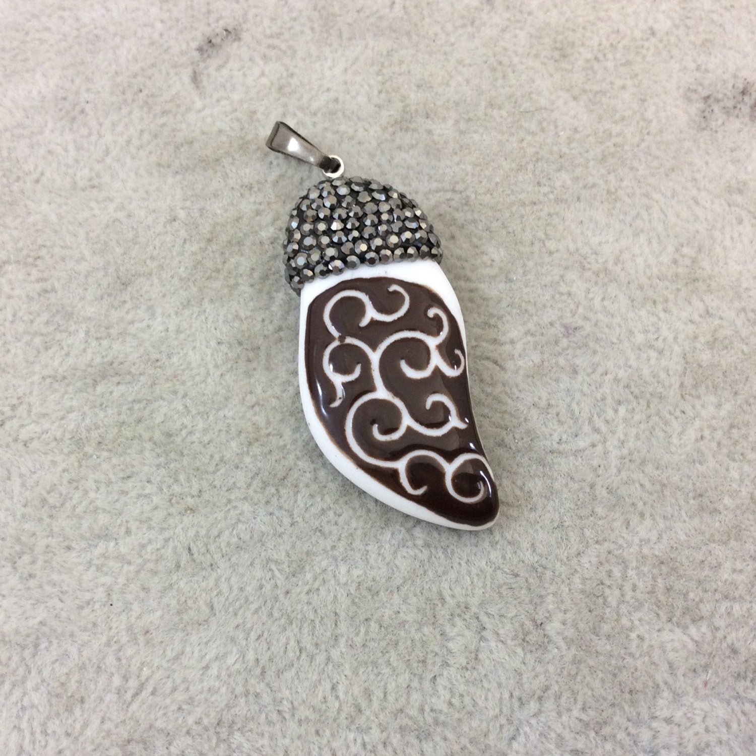 Rhinestone Encrusted Swirly Leaf Shaped Glazed White/Brown Ceramic Focal Pendant - Measuring 20mm x 45mm, Approx. - Sold Individually