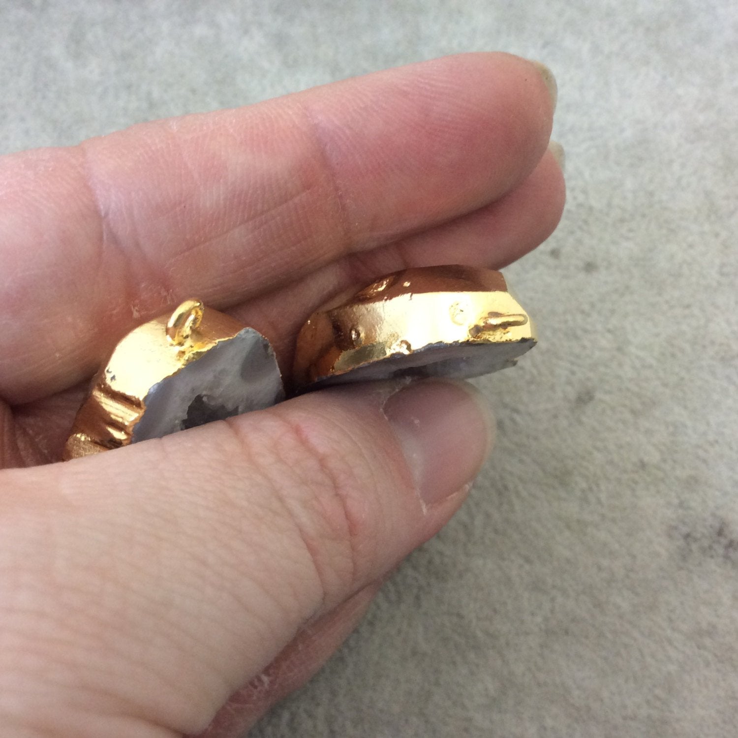 Pair of OOAK Gold Electroplated Natural Druzy Agate Geode Half Freeform Shaped Pendants - Measuring 25mm x 31mm - Unique, As Pictured