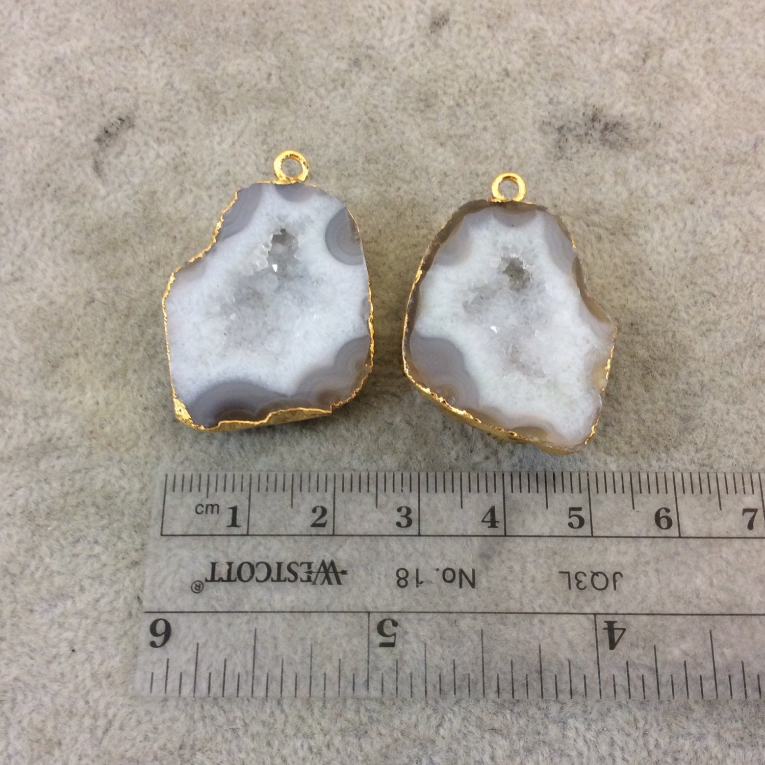 Pair of OOAK Gold Electroplated Natural Druzy Agate Geode Half Freeform Shaped Pendants - Measuring 25mm x 31mm - Unique, As Pictured