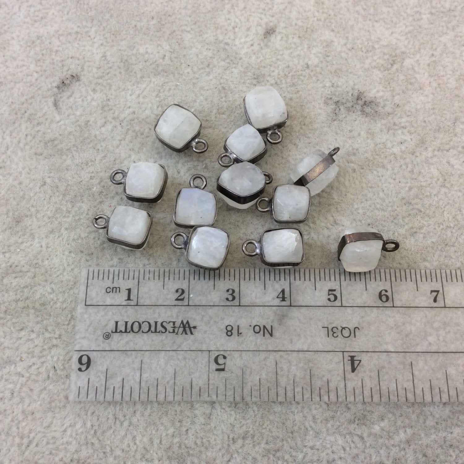 Gunmetal Plated Faceted Moonstone Cube/Square Shaped Plated Copper Bezel Charm/Drop - Measuring 7-8mm - Natural Gemstone - Sold Individually