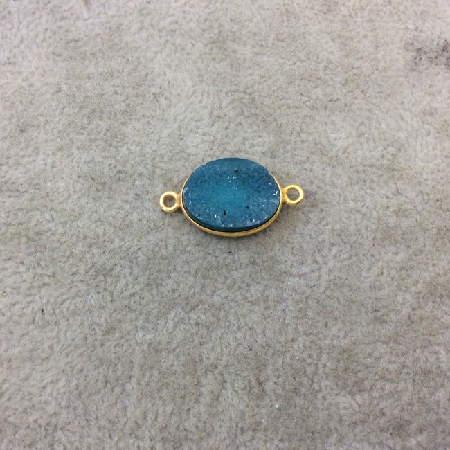 Gold Plated Dyed Emerald Green Druzy Agate Oblong/Oval Shaped Bezel Connector - Measuring 12mm x 16mm Approx. - Sold Individually/Randomly