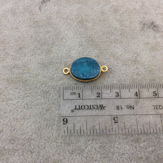 Gold Plated Dyed Emerald Green Druzy Agate Oblong/Oval Shaped Bezel Connector - Measuring 12mm x 16mm Approx. - Sold Individually/Randomly