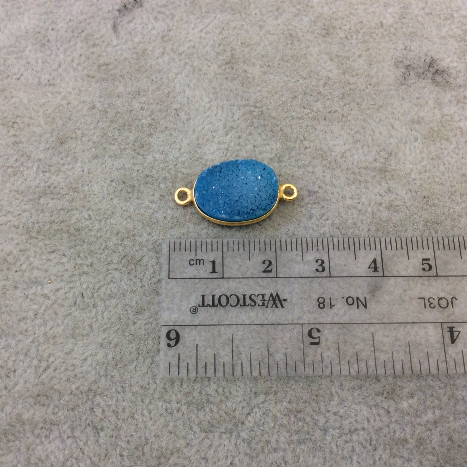 Gold Plated Dyed Teal Blue Druzy Agate Oblong/Oval Shaped Bezel Connector - Measuring 12mm x 16mm Approx. - Sold Individually/Randomly