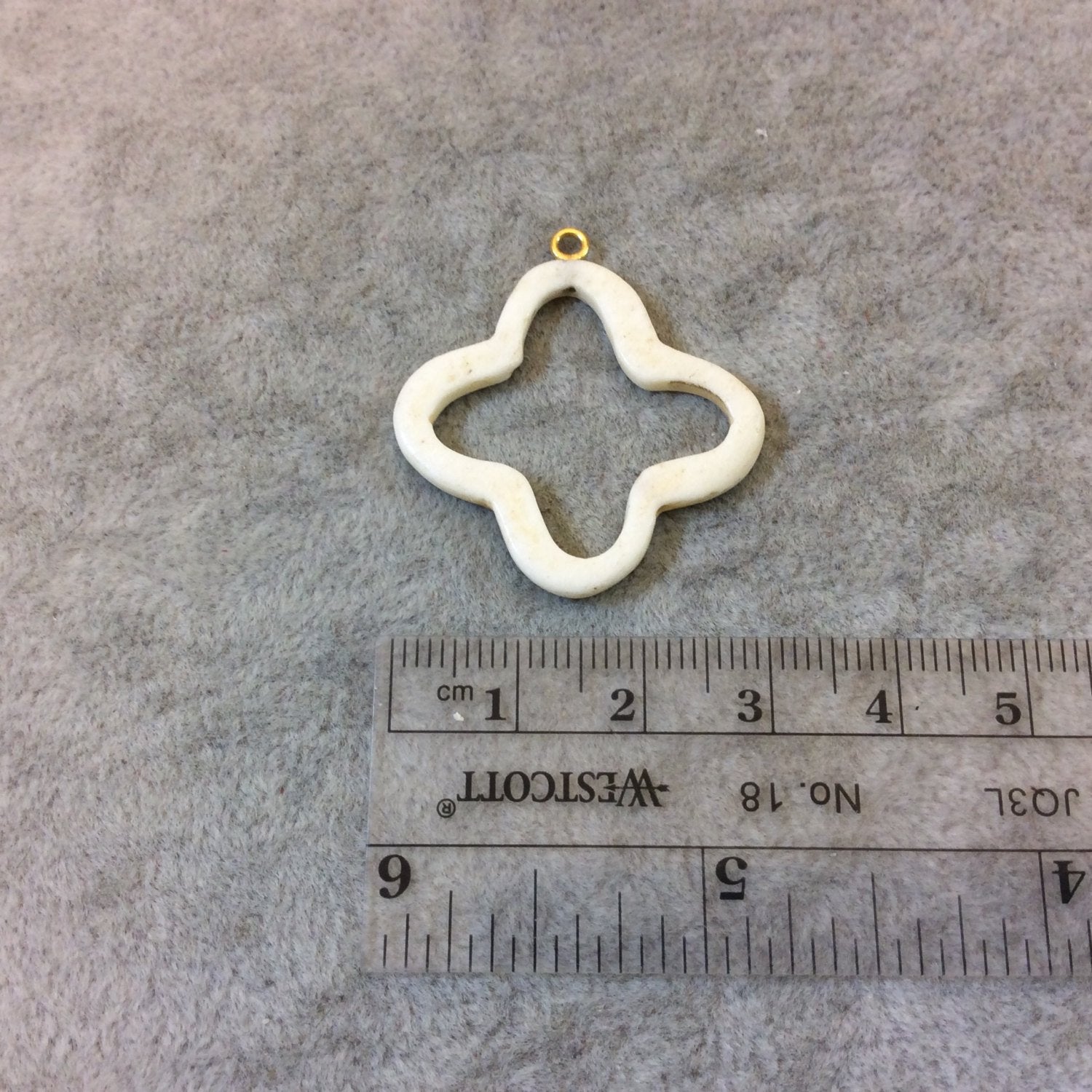 Small White/Ivory Open Quatrefoil Shaped Natural Ox Bone Focal Pendant with Attached Gold Suspension Ring - Measuring 28mm x 28mm, Approx.
