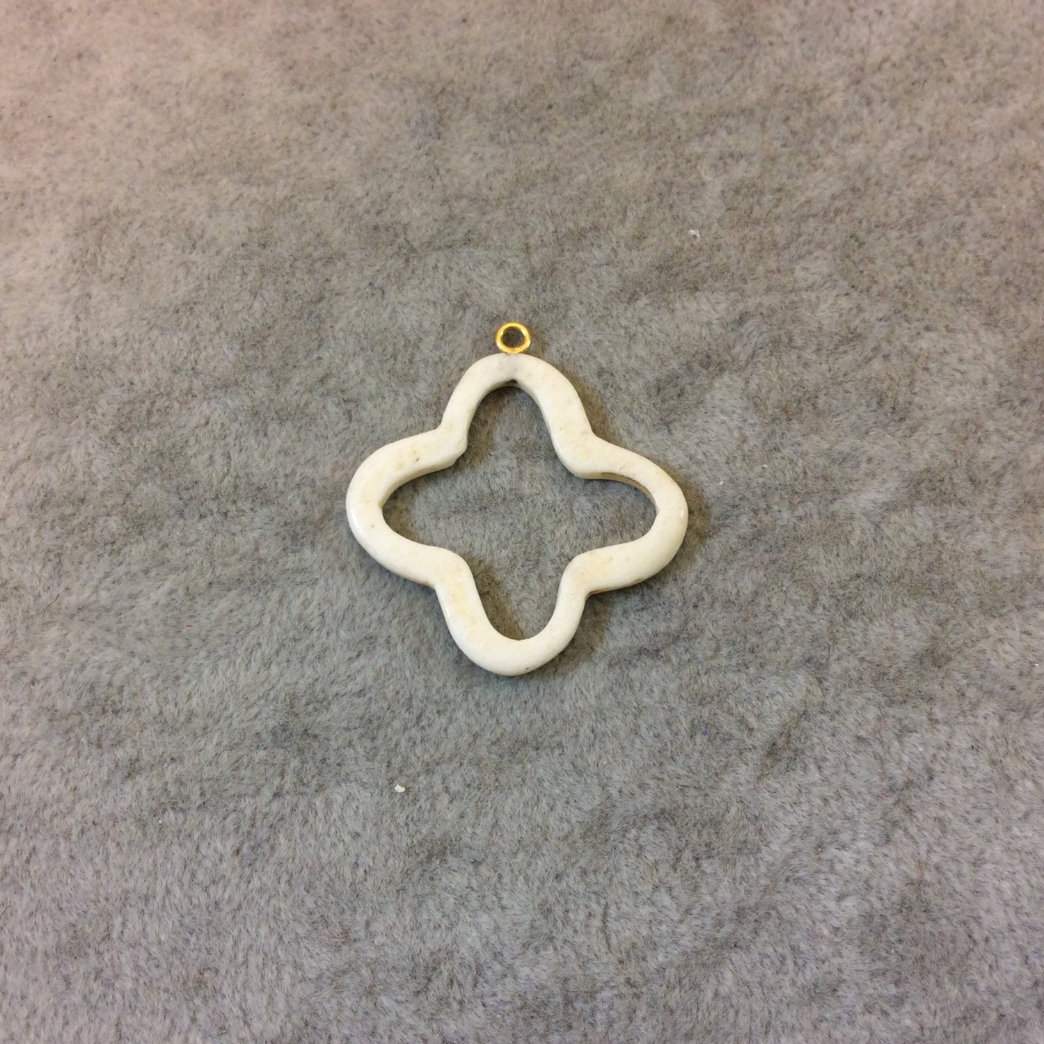 Small White/Ivory Open Quatrefoil Shaped Natural Ox Bone Focal Pendant with Attached Gold Suspension Ring - Measuring 28mm x 28mm, Approx.