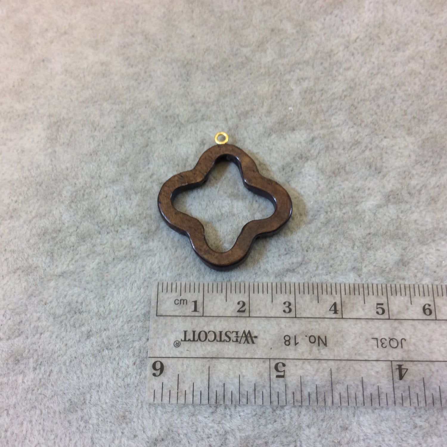 Small Dark Brown Open Quatrefoil Shaped Natural Ox Bone Focal Pendant with Attached Gold Suspension Ring - Measuring 28mm x 28mm, Approx.