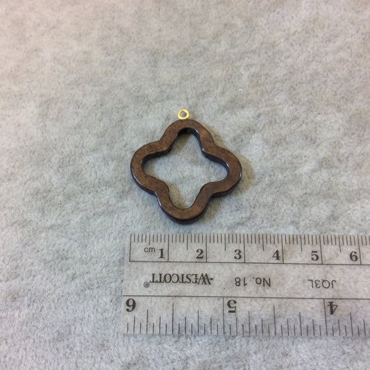 Small Dark Brown Open Quatrefoil Shaped Natural Ox Bone Focal Pendant with Attached Gold Suspension Ring - Measuring 28mm x 28mm, Approx.