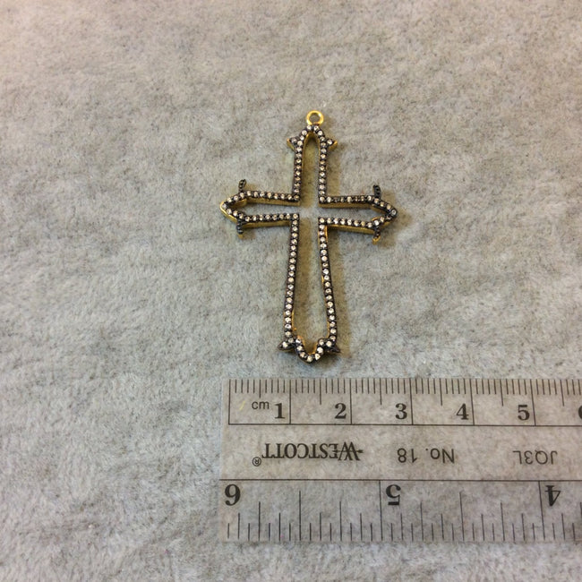 Medium Oxidized Gold Plated CZ Cubic Zirconia Inlaid Open Fancy Cross Shaped Copper Focal Pendant - Measuring 31mm x 40mm, Approximately
