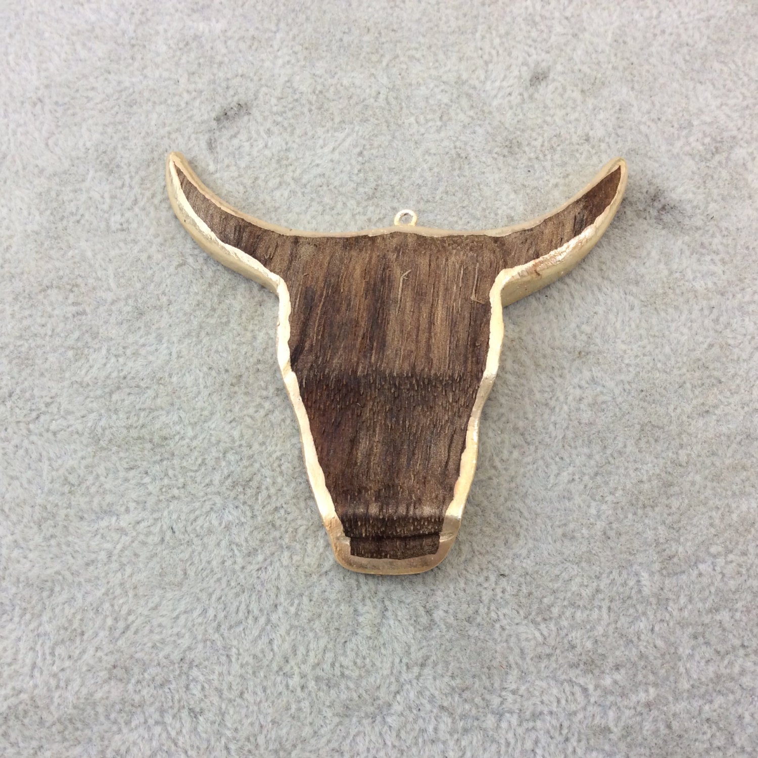 Gold Electrolated Natural Brown Wooden Bull/Steer Skull Shaped Focal Pendants - Measuring 65mm x 63mm Approximately - Sold Individually