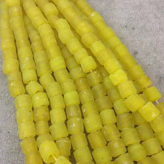 8mm x 9mm Matte Deep Yellow Fat Heishi/Tube Shaped Indian Beach/Sea Glass Beads - Sold by 8" Strands - Approximately 26 Beads