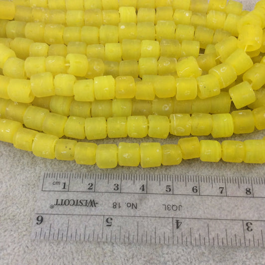 8mm x 9mm Matte Deep Yellow Fat Heishi/Tube Shaped Indian Beach/Sea Glass Beads - Sold by 8" Strands - Approximately 26 Beads
