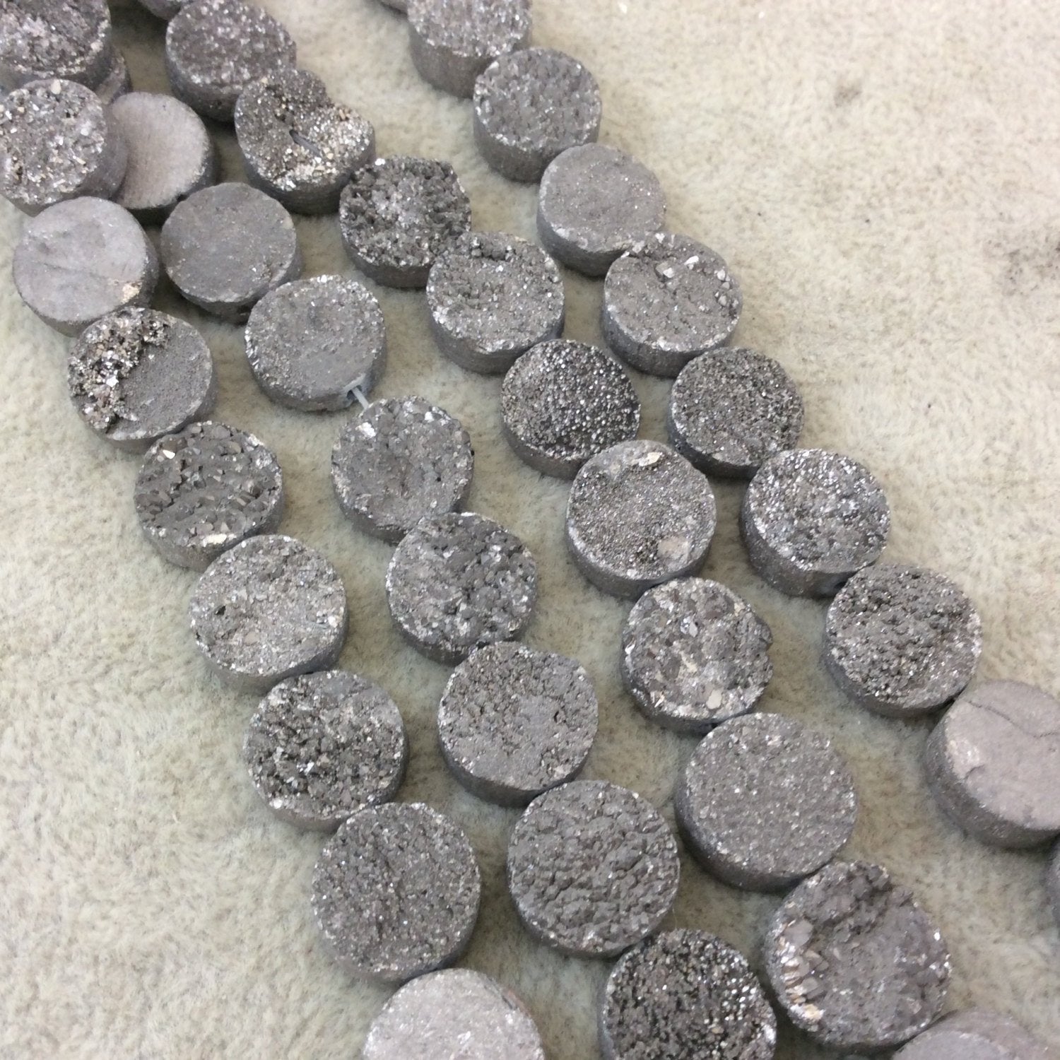 12mm Metallic Silver Premium Druzy Agate Flat Round/Coin Shaped Beads - 8" Strand (Approximately 16 Beads) - Natural Semi-Precious Gemstone