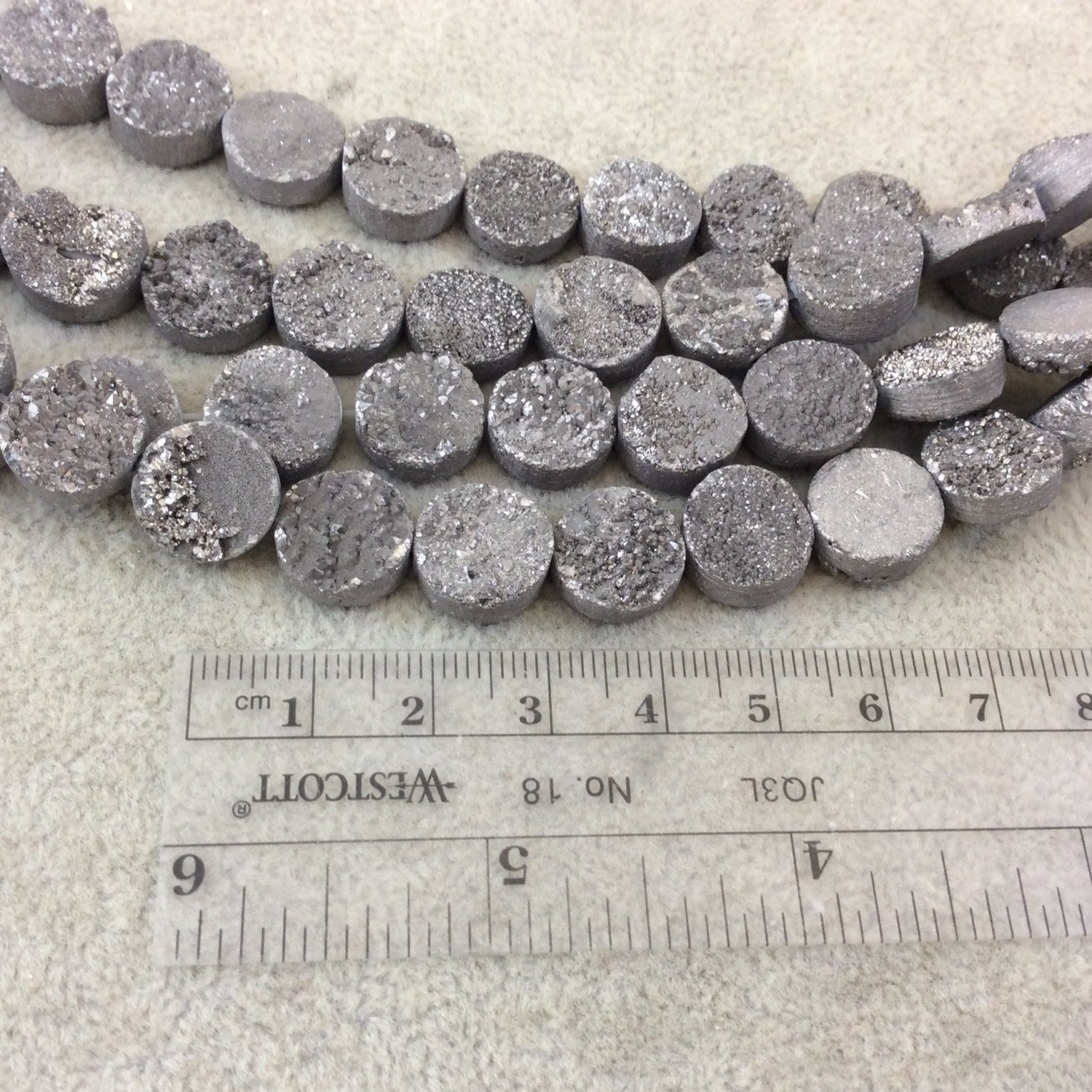 12mm Metallic Silver Premium Druzy Agate Flat Round/Coin Shaped Beads - 8" Strand (Approximately 16 Beads) - Natural Semi-Precious Gemstone