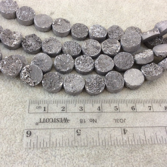 12mm Metallic Silver Premium Druzy Agate Flat Round/Coin Shaped Beads - 8" Strand (Approximately 16 Beads) - Natural Semi-Precious Gemstone