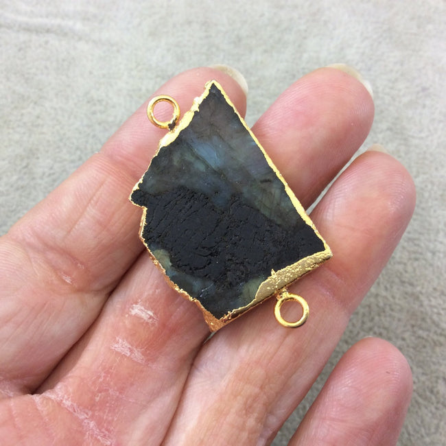 OOAK Gold Plated MATTE Natural Raw Iridescent Rainbow Labradorite Freeform Shaped Slice Connector - Measuring 24mm x 34mm, Approximately