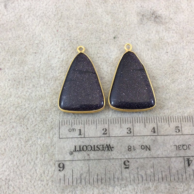 Blue Goldstone Bezels | One Pair of OOAK Gold Finish Smooth Triangle Shaped Pendants "GP1"- Measuring 19mm x 26mm - Synthetic Glass Gemstone