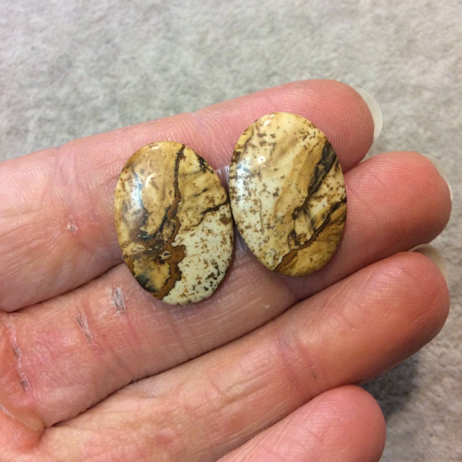 OOAK Matching Pair of Natural Picture Jasper Oval Shaped Flat Back Cabochons - Measuring 16mm x 23mm, 3mm Dome Height - Quality Gemstone