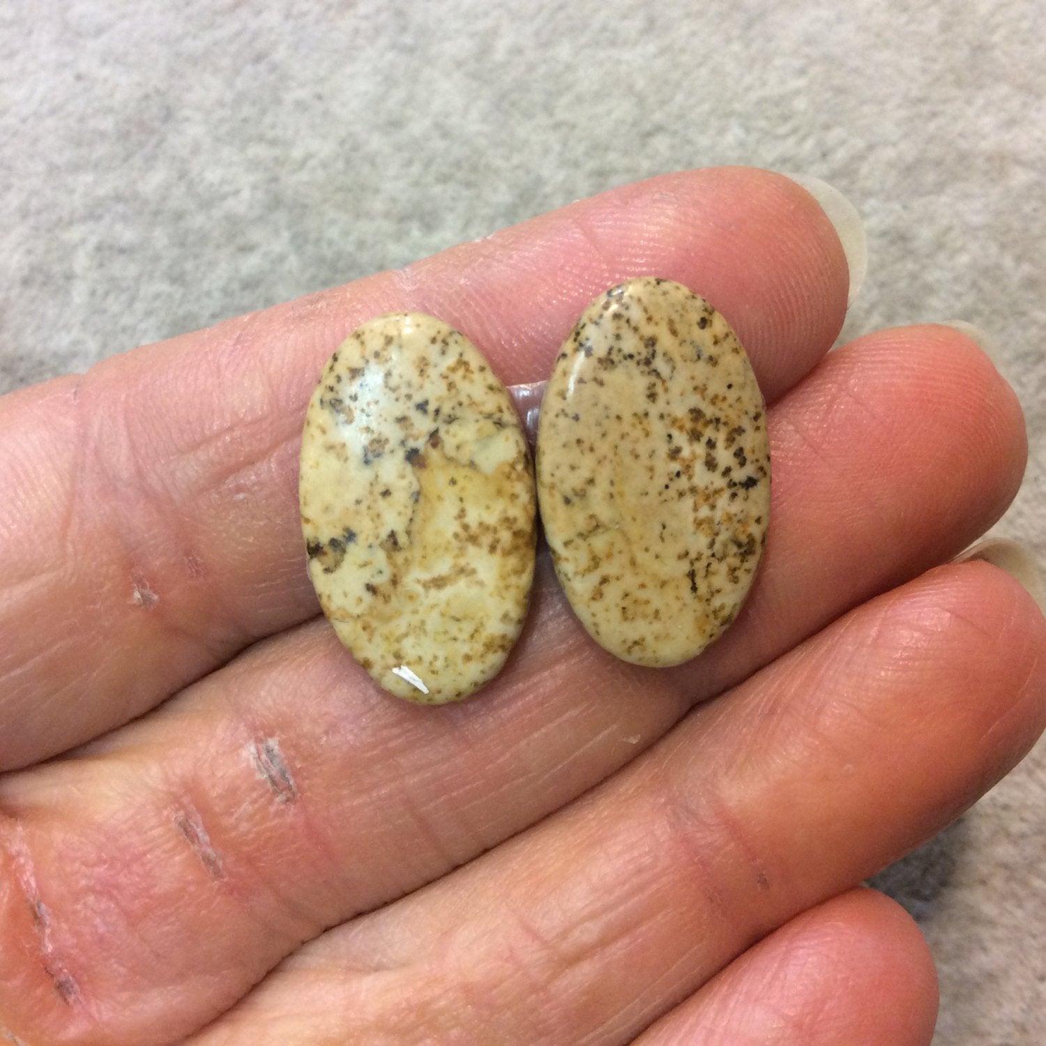 OOAK Matching Pair of Natural Picture Jasper Oval Shaped Flat Back Cabochons - Measuring 13mm x 23mm, 4mm Dome Height - Quality Gemstone