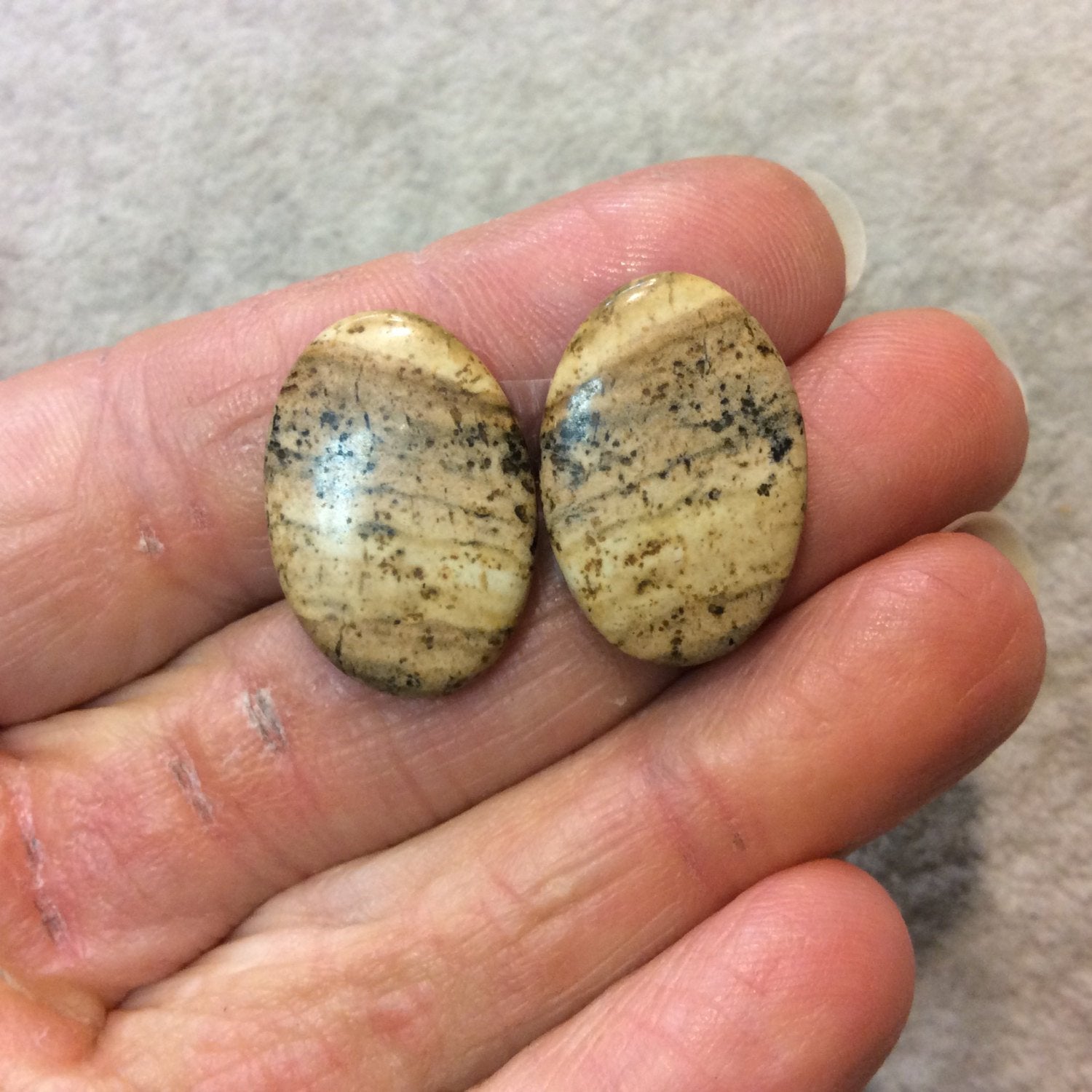 OOAK Matching Pair of Natural Picture Jasper Oval Shaped Flat Back Cabochons - Measuring 16mm x 23mm, 4mm Dome Height - Quality Gemstone