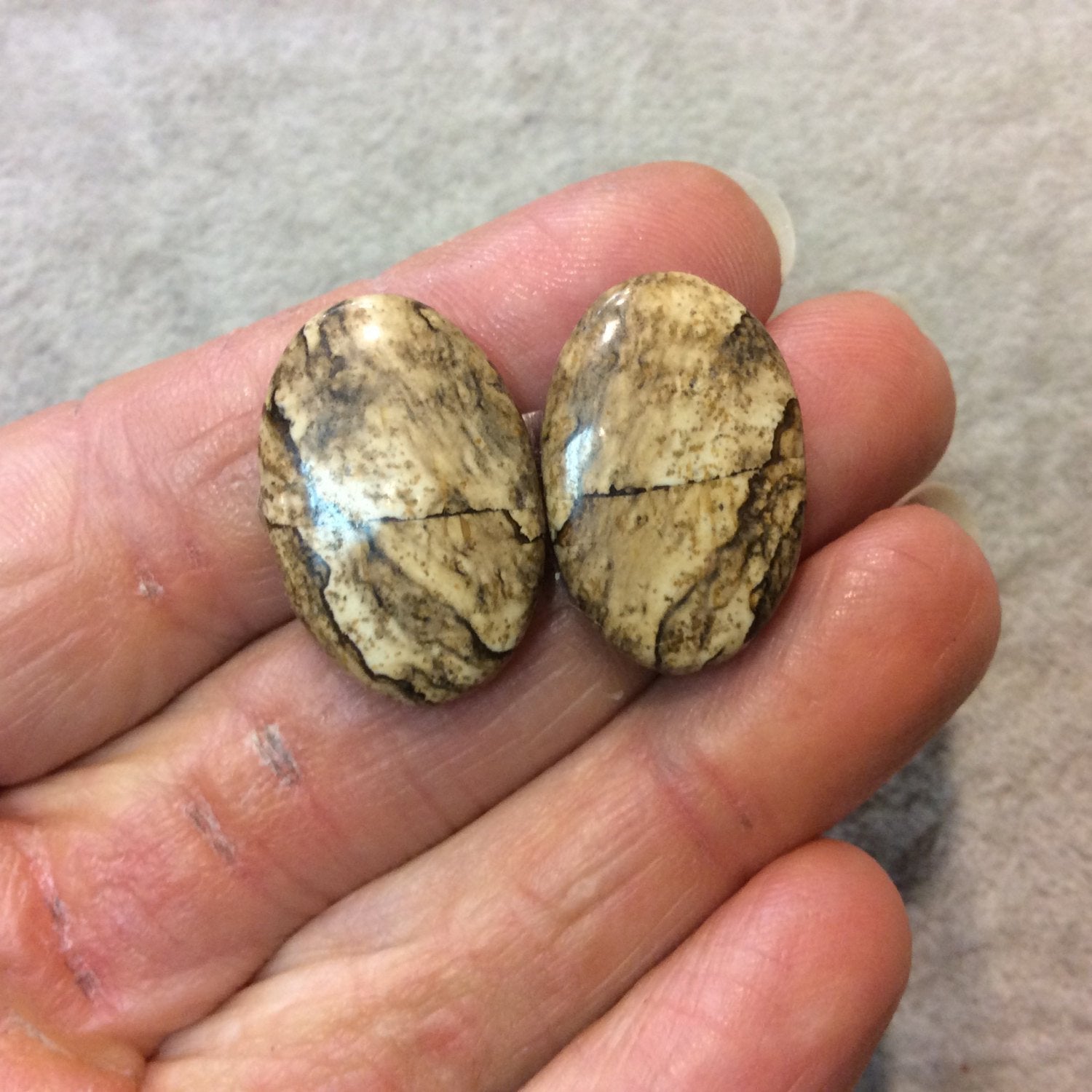 OOAK Matching Pair of Natural Picture Jasper Oval Shaped Flat Back Cabochons - Measuring 17mm x 25mm, 5.5mm Dome Height - Quality Gemstone