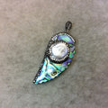 3" Pave Rhinestone Encrusted Leaf Shaped Abalone Pendant with White/Gray Rhinestones and Pearl Inlay - Measuring 25mm x 79mm, Approx.