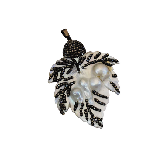 1.75" Pave Rhinestone Encrusted Veined Leaf Shaped Abalone Pendant with Gray Rhinestones and Gunmetal Bail - Measuring 45mm x 48mm, Approx.