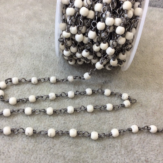 Gunmetal Plated Copper Wrapped Rosary Chain with 4mm Smooth Natural White Howlite Round Shaped Beads - Sold by 1' Cut Sections or in Bulk!